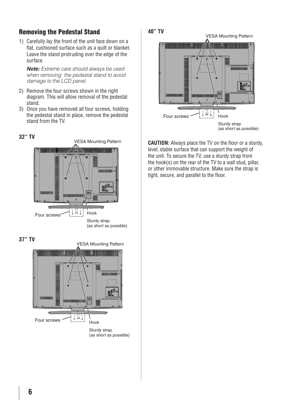 Removing the pedestal stand | Toshiba 32E20U User Manual | Page 6 / 62