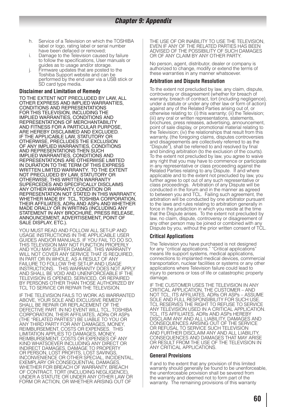 Chapter 9: appendix | Toshiba 32E20U User Manual | Page 60 / 62