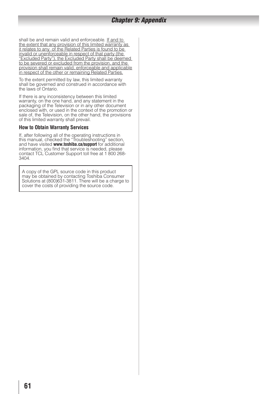 Chapter 9: appendix | Toshiba 32E20U User Manual | Page 61 / 62
