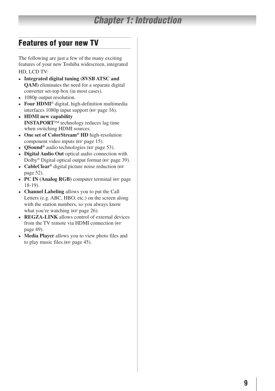 Chapter 1: introduction, Features of your new tv | Toshiba 32E20U User Manual | Page 9 / 62