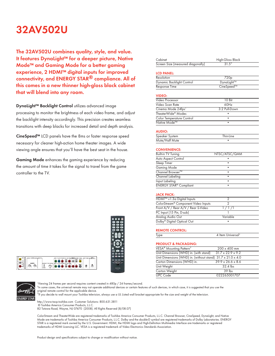 Toshiba 32AV502U User Manual | Page 2 / 2