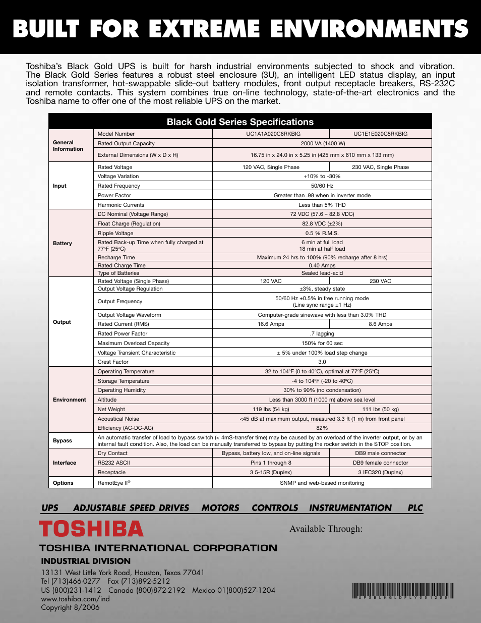 Built for extreme environments, Available through, Black gold series specifications | Industrial division | Toshiba Black Gold Series User Manual | Page 2 / 2