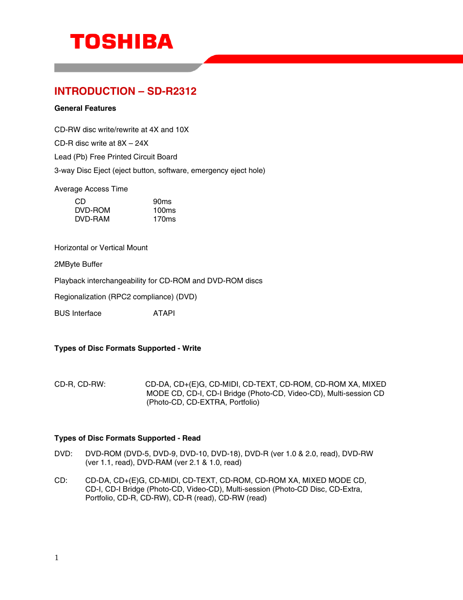 Introduction – sd-r2312 | Toshiba SD-R2312 User Manual | Page 3 / 12