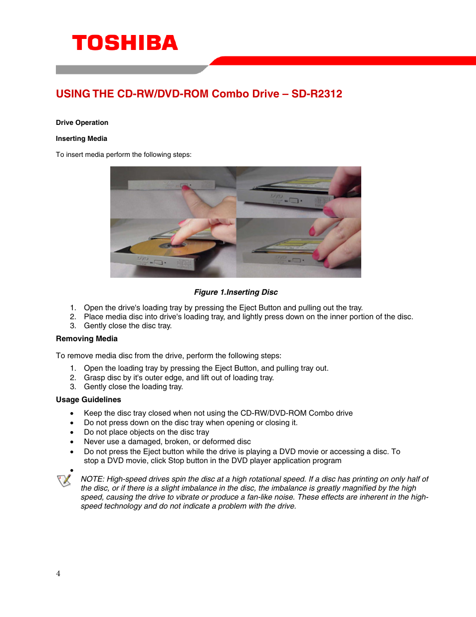 Using the cd-rw/dvd-rom combo drive – sd-r2312 | Toshiba SD-R2312 User Manual | Page 6 / 12