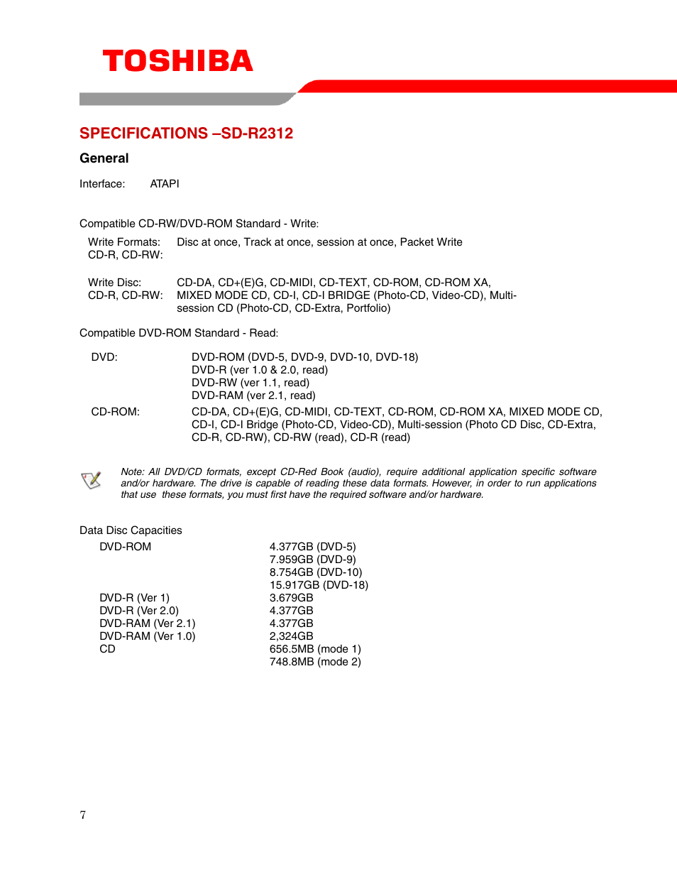 Specifications –sd-r2312 | Toshiba SD-R2312 User Manual | Page 9 / 12