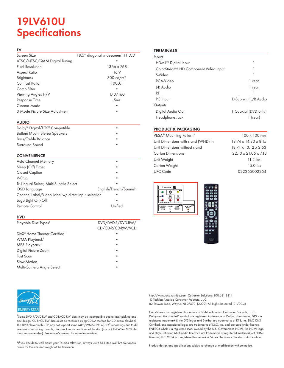 Toshiba 19LV610U User Manual | Page 2 / 2