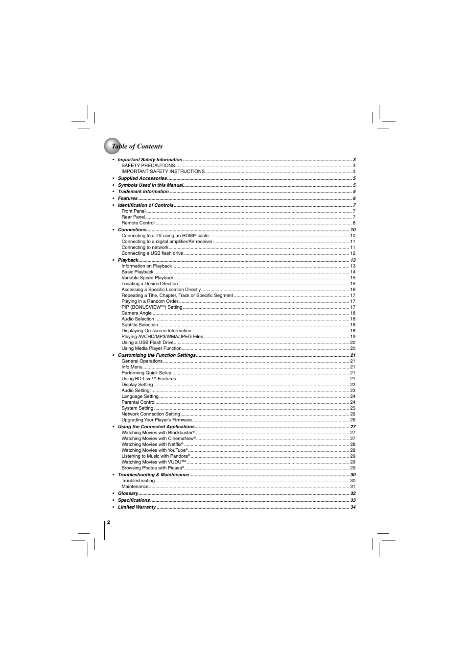 Toshiba Blu-Ray Disc/ Dvd Player BDX4150KU User Manual | Page 2 / 56