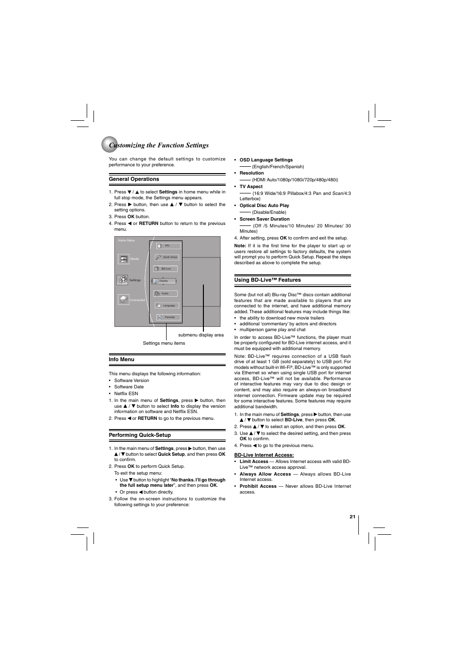 Customizing the function settings | Toshiba Blu-Ray Disc/ Dvd Player BDX4150KU User Manual | Page 21 / 56