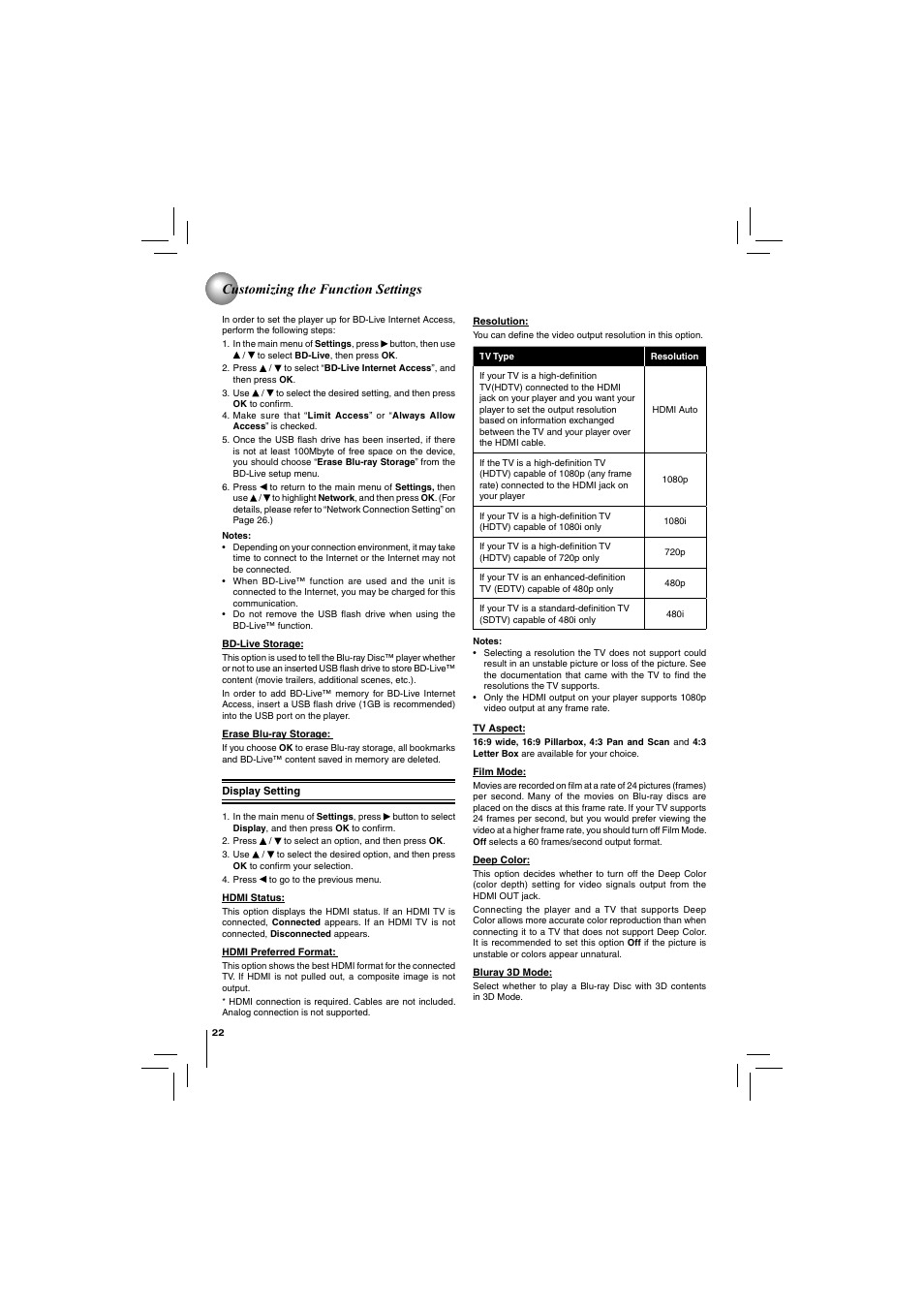 Customizing the function settings | Toshiba Blu-Ray Disc/ Dvd Player BDX4150KU User Manual | Page 22 / 56