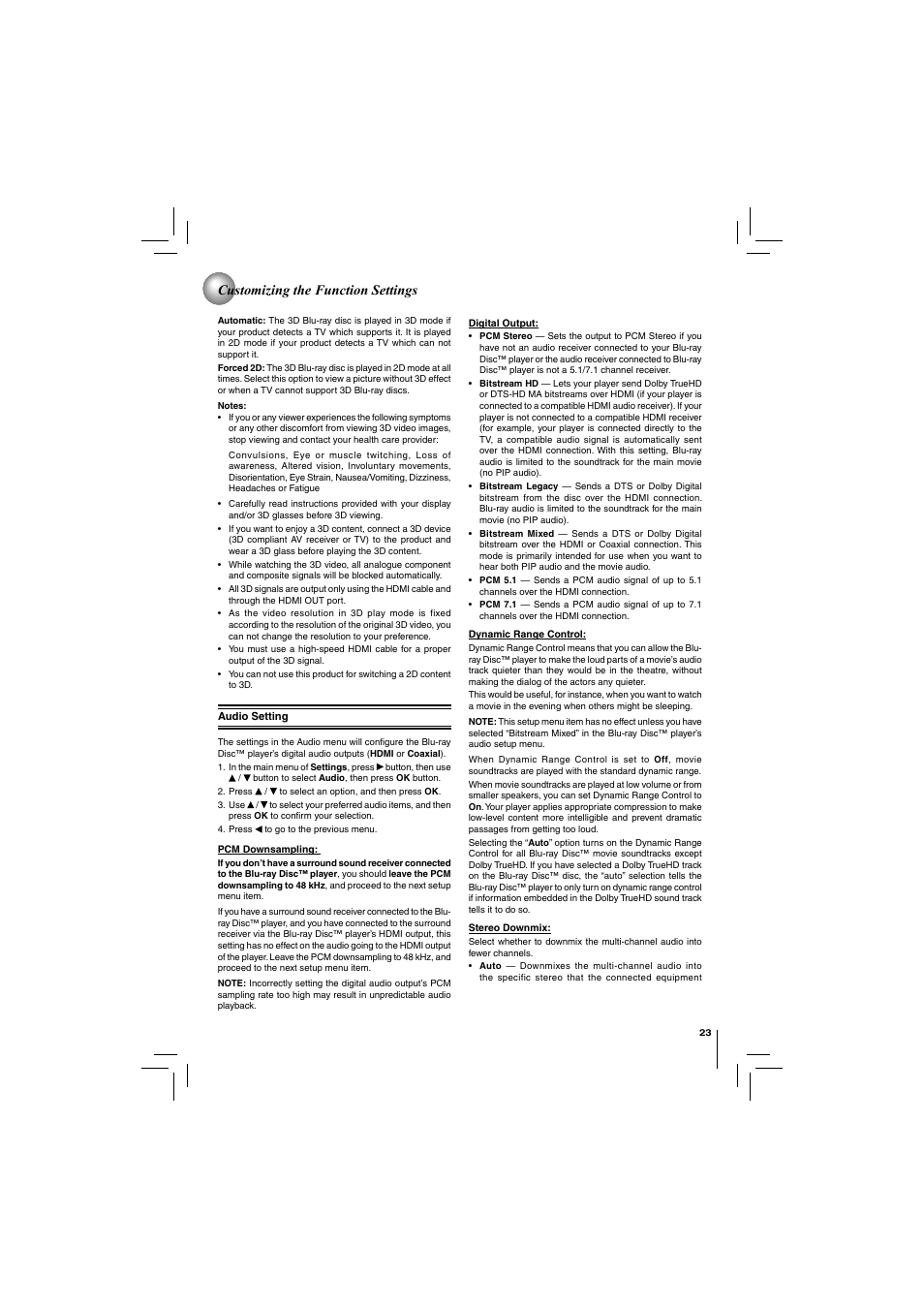 Customizing the function settings | Toshiba Blu-Ray Disc/ Dvd Player BDX4150KU User Manual | Page 23 / 56