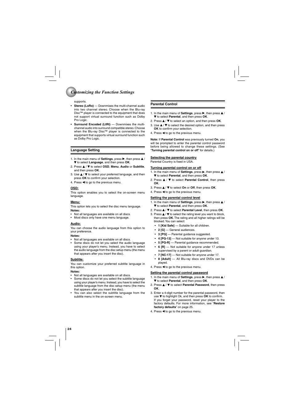 Customizing the function settings | Toshiba Blu-Ray Disc/ Dvd Player BDX4150KU User Manual | Page 24 / 56