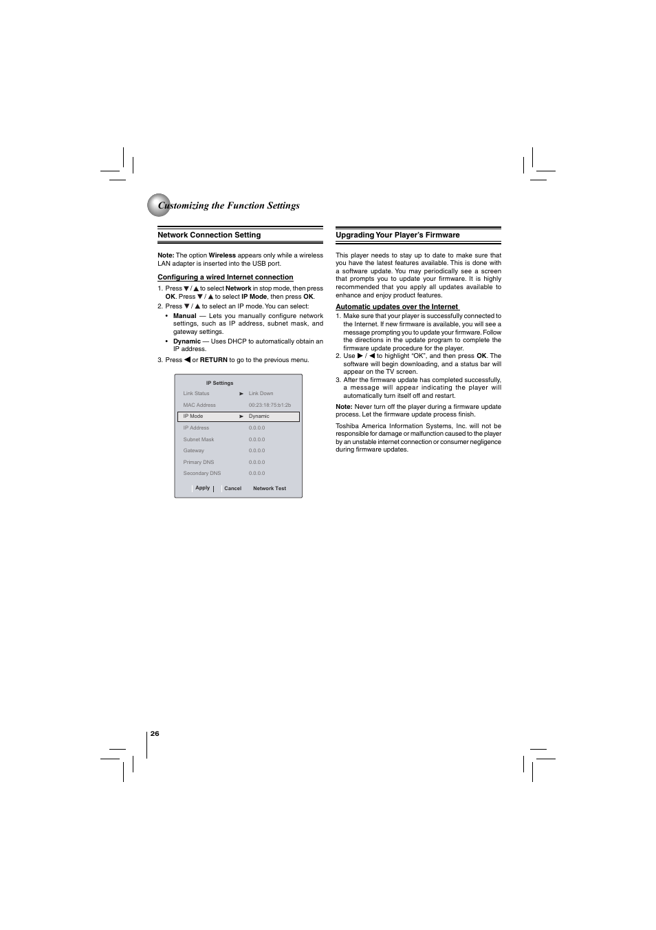 Customizing the function settings | Toshiba Blu-Ray Disc/ Dvd Player BDX4150KU User Manual | Page 26 / 56