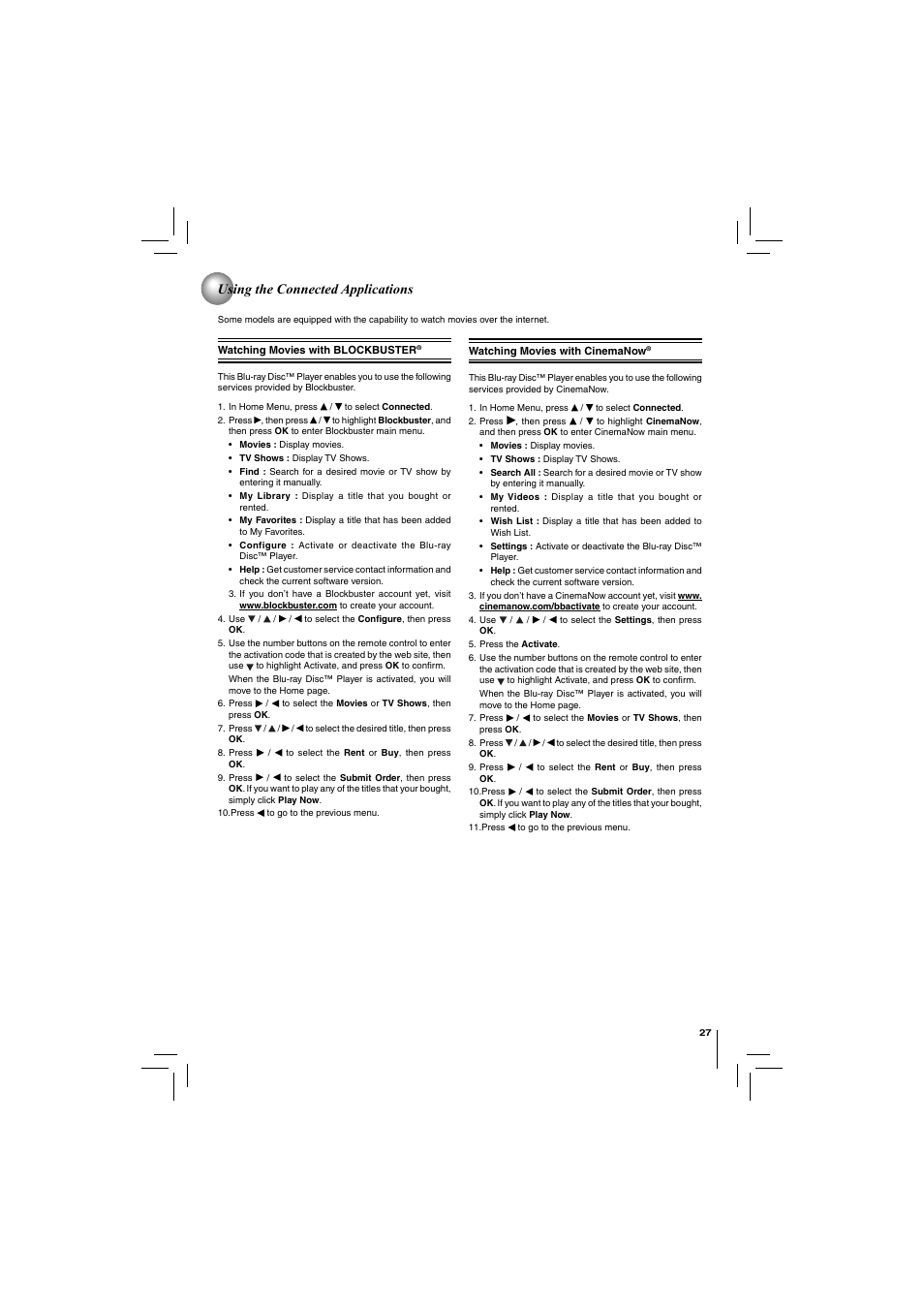 Using the connected applications | Toshiba Blu-Ray Disc/ Dvd Player BDX4150KU User Manual | Page 27 / 56