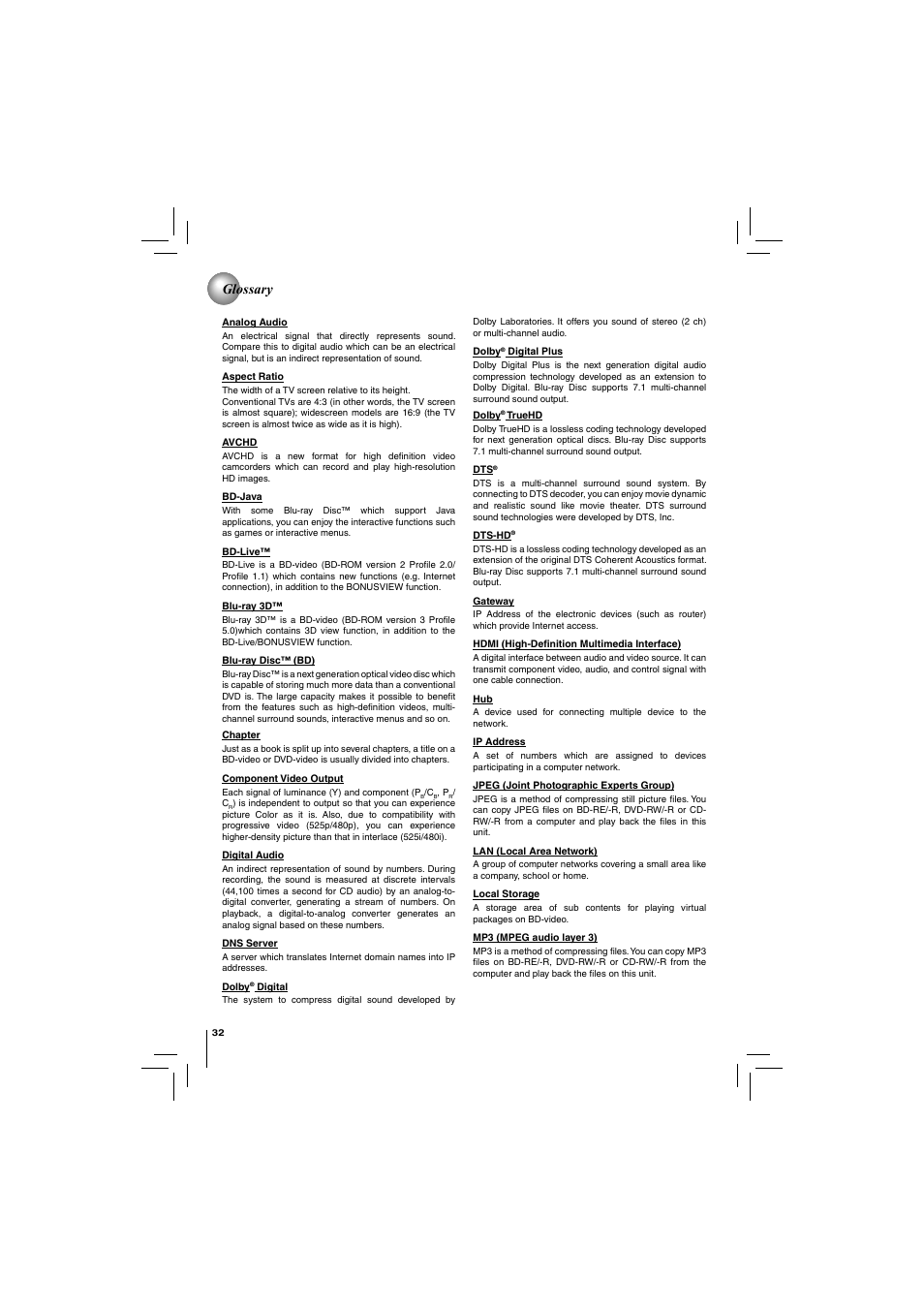 Glossary | Toshiba Blu-Ray Disc/ Dvd Player BDX4150KU User Manual | Page 32 / 56