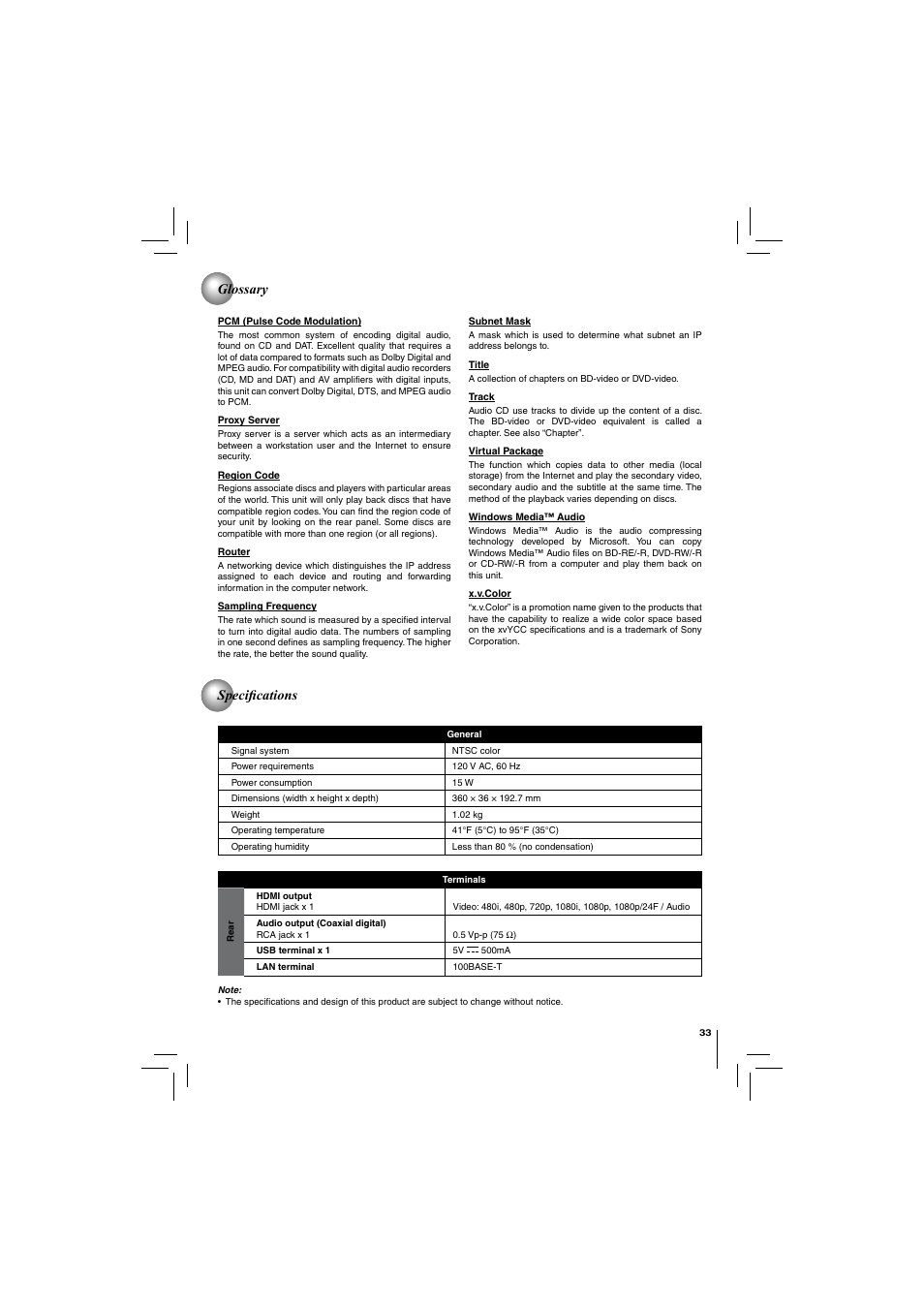 Glossary specifi cations | Toshiba Blu-Ray Disc/ Dvd Player BDX4150KU User Manual | Page 33 / 56