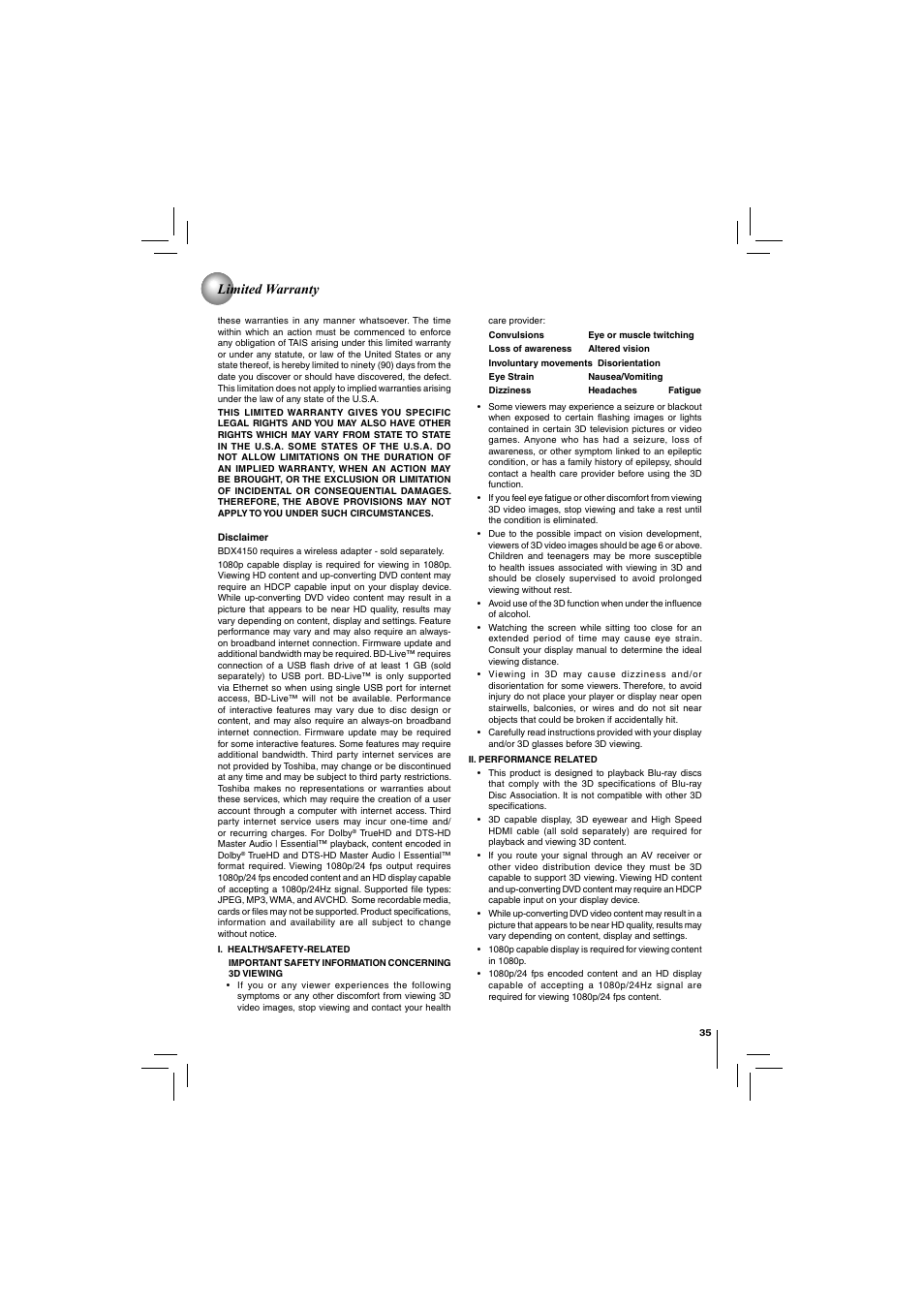 Limited warranty | Toshiba Blu-Ray Disc/ Dvd Player BDX4150KU User Manual | Page 35 / 56