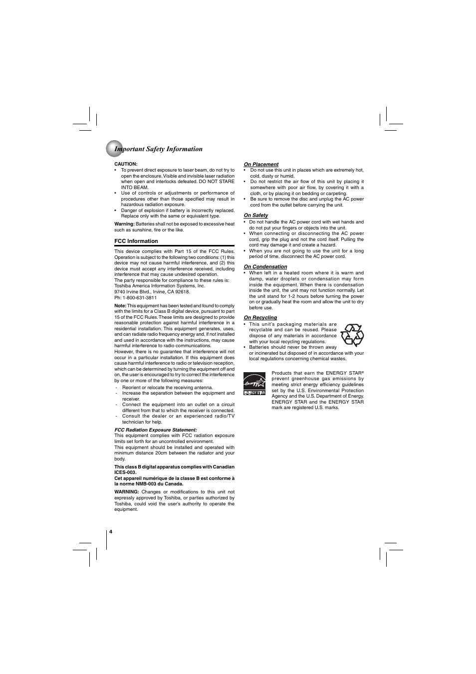 Important safety information | Toshiba Blu-Ray Disc/ Dvd Player BDX4150KU User Manual | Page 4 / 56