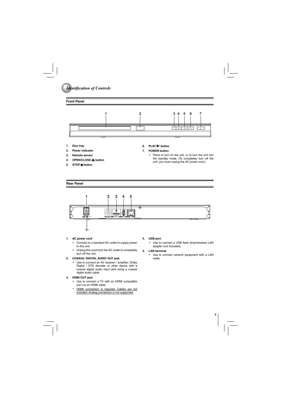 Identifi cation of controls | Toshiba Blu-Ray Disc/ Dvd Player BDX4150KU User Manual | Page 7 / 56