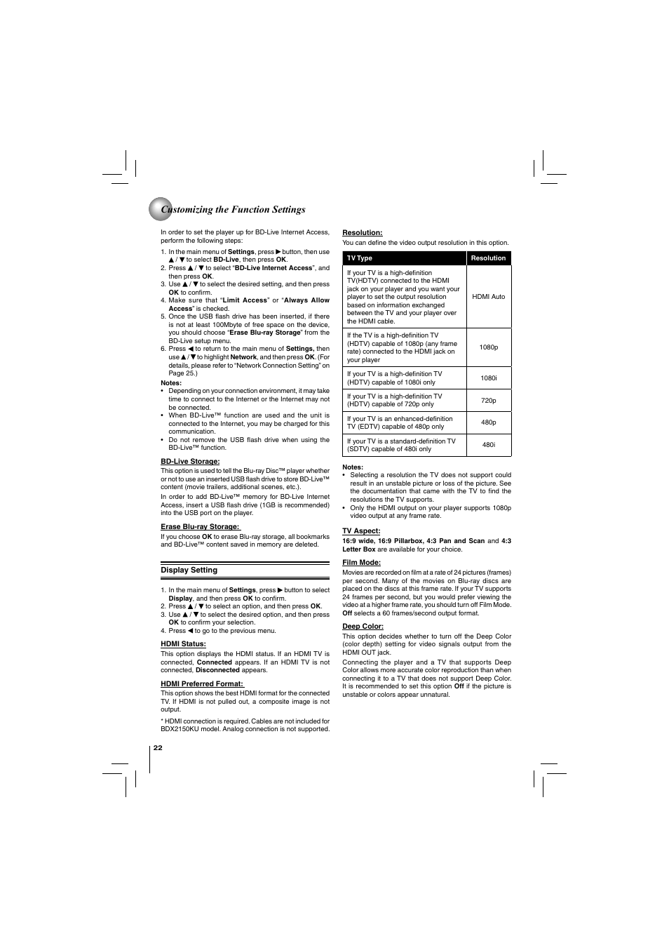 Customizing the function settings | Toshiba BDX2150KU User Manual | Page 22 / 52