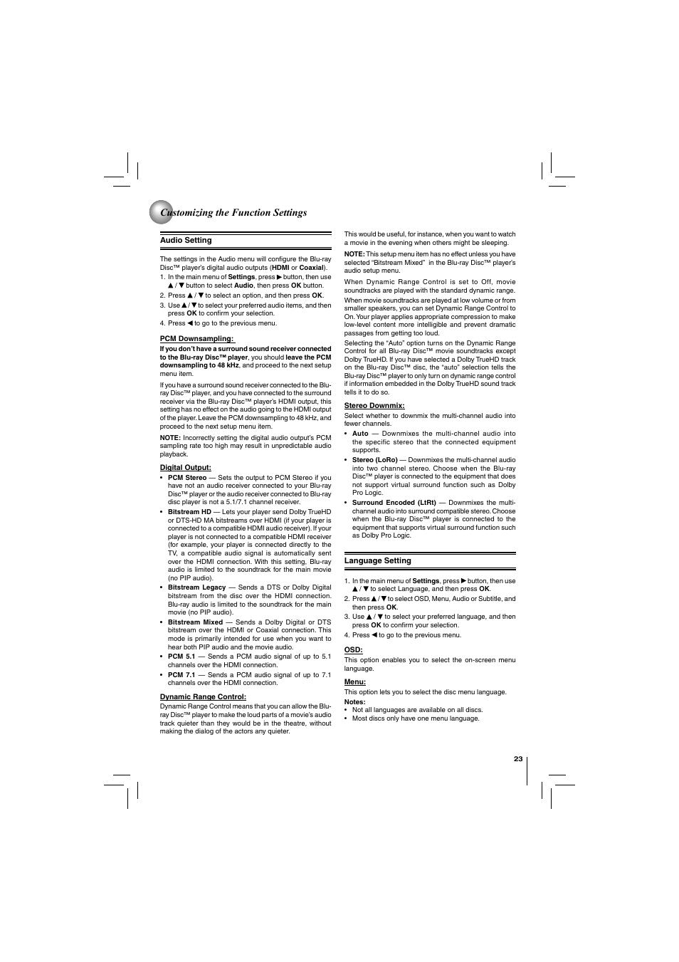 Customizing the function settings | Toshiba BDX2150KU User Manual | Page 23 / 52