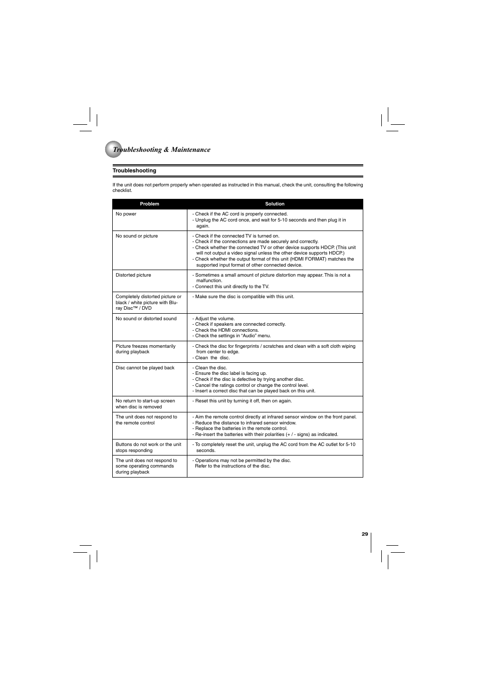 Troubleshooting & maintenance | Toshiba BDX2150KU User Manual | Page 29 / 52