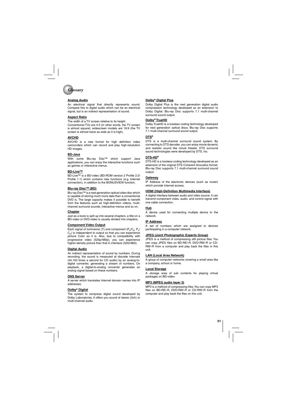 Glossary | Toshiba BDX2150KU User Manual | Page 31 / 52