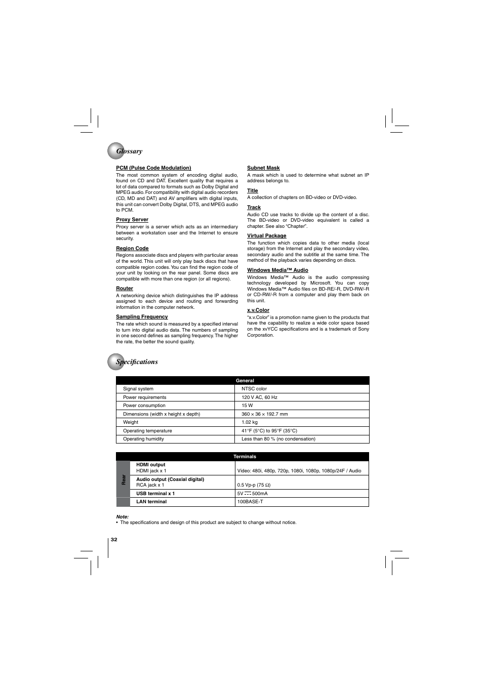 Glossary specifi cations | Toshiba BDX2150KU User Manual | Page 32 / 52