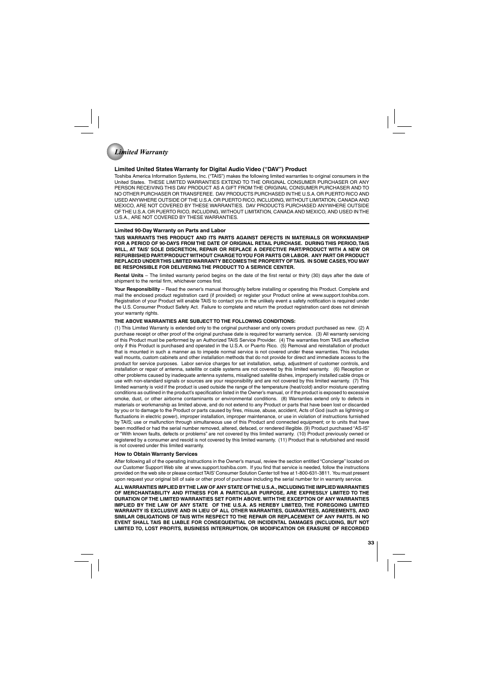 Limited warranty | Toshiba BDX2150KU User Manual | Page 33 / 52