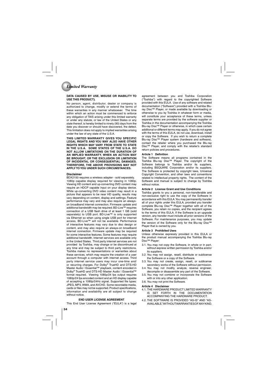 Limited warranty | Toshiba BDX2150KU User Manual | Page 34 / 52