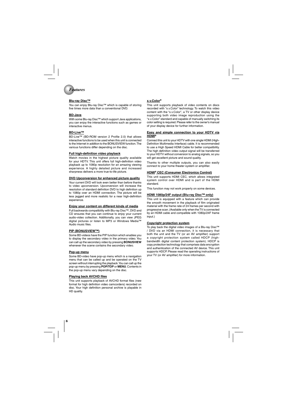 Features | Toshiba BDX2150KU User Manual | Page 6 / 52