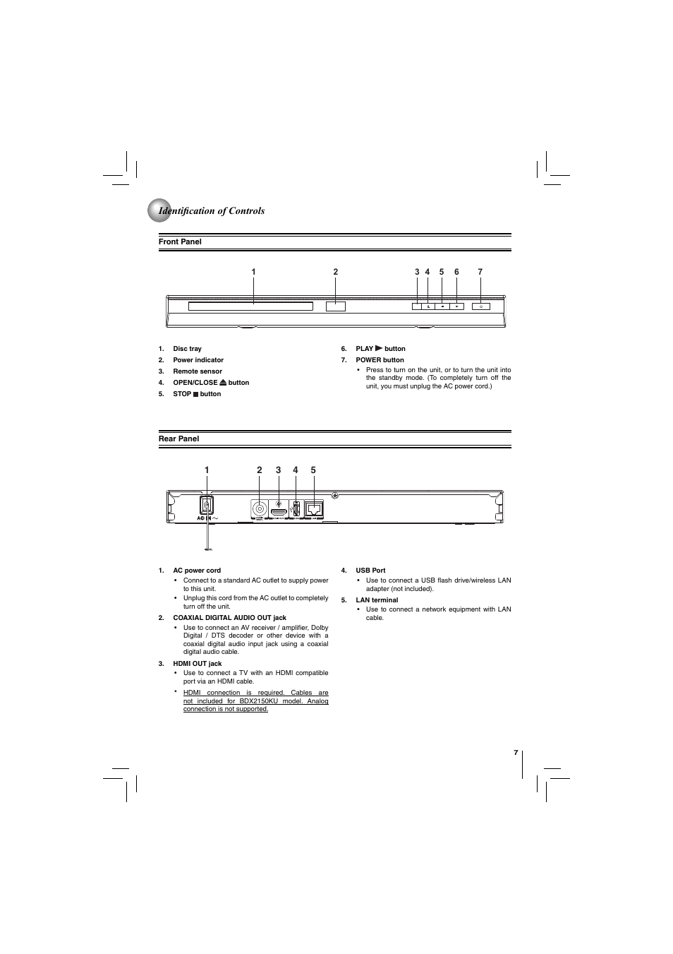 Identifi cation of controls | Toshiba BDX2150KU User Manual | Page 7 / 52