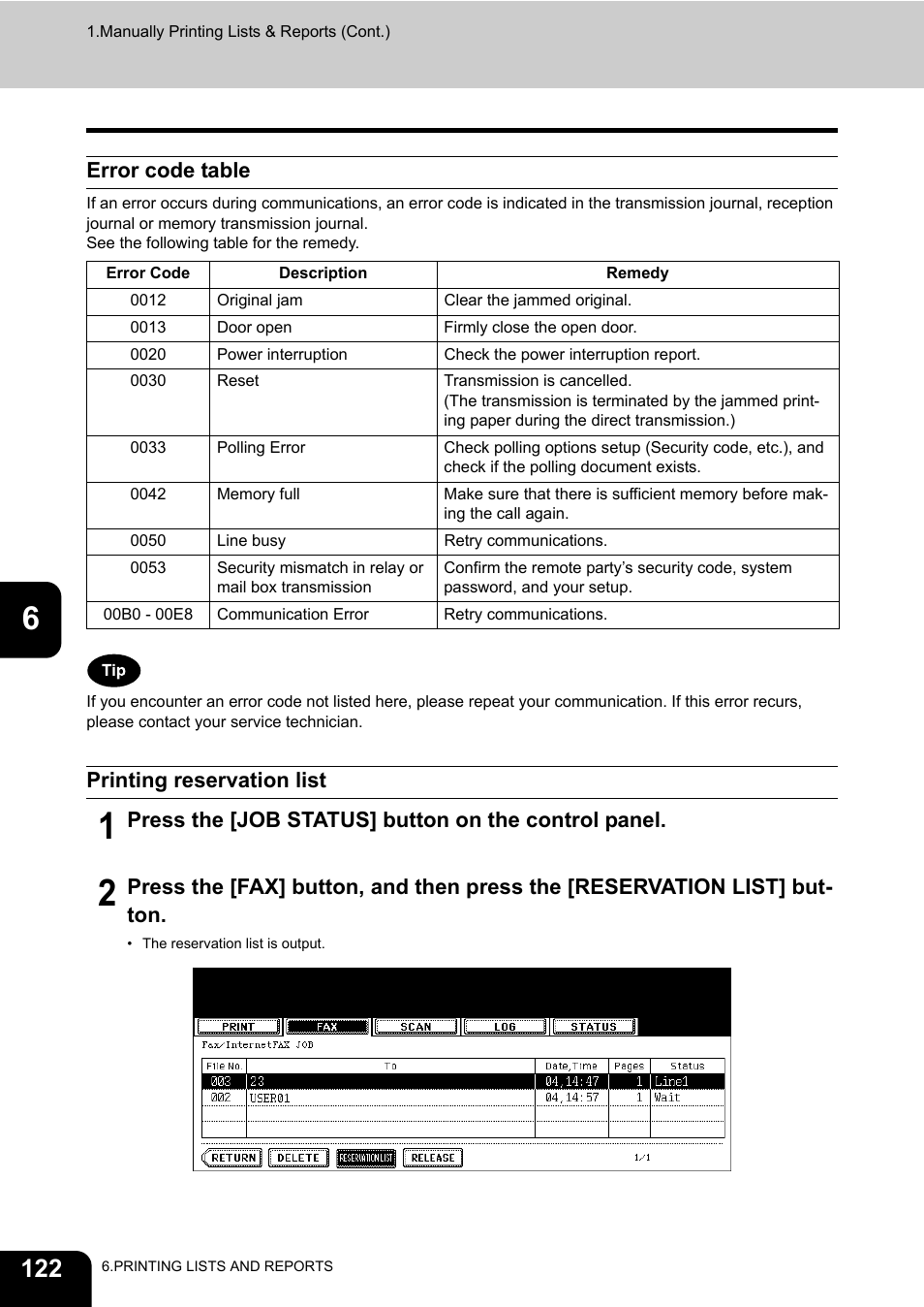 Error code table, Printing reservation list, Press the [job status] button on the control panel | Toshiba GD-1170 User Manual | Page 124 / 182