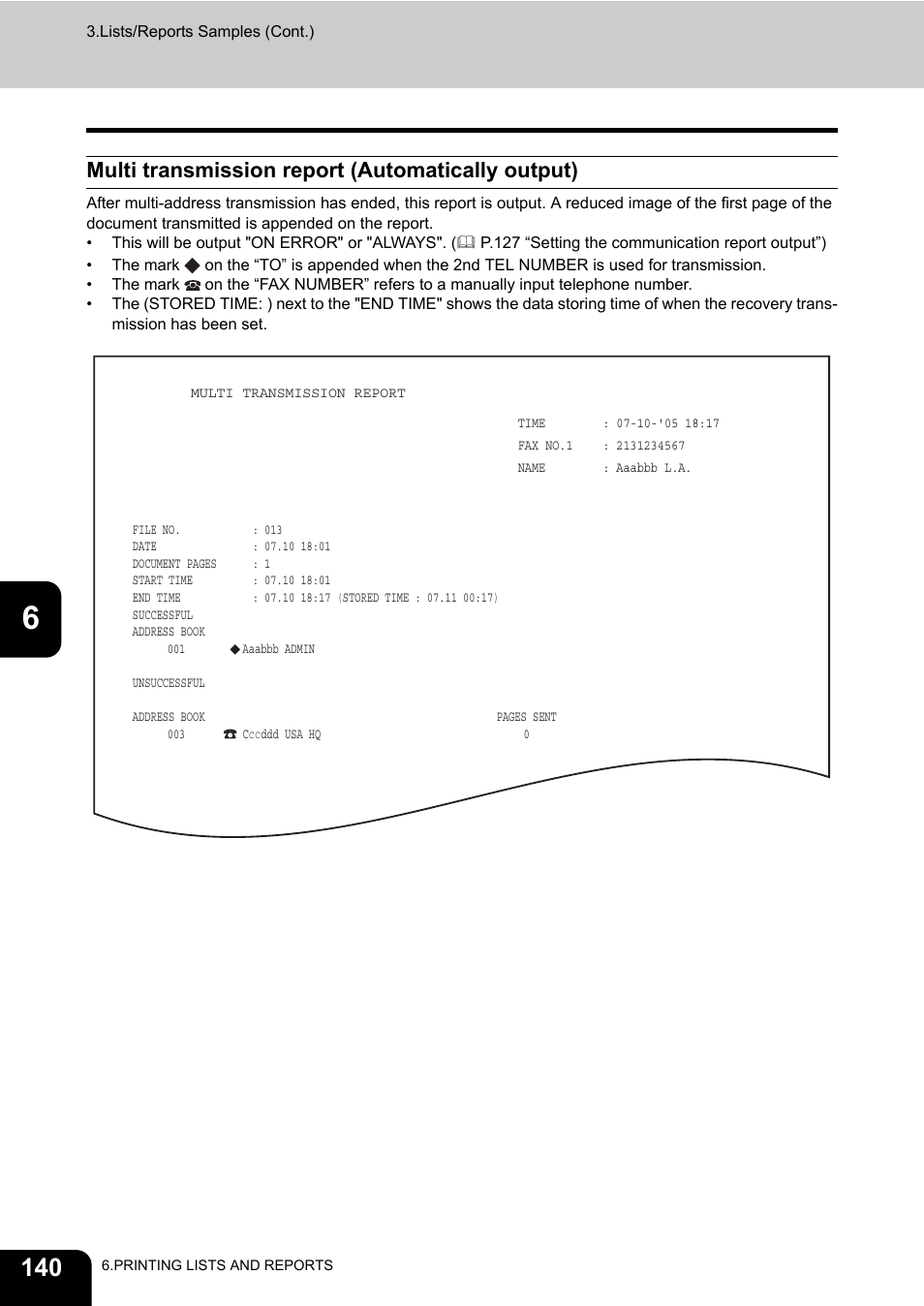Multi transmission report (automatically output) | Toshiba GD-1170 User Manual | Page 142 / 182