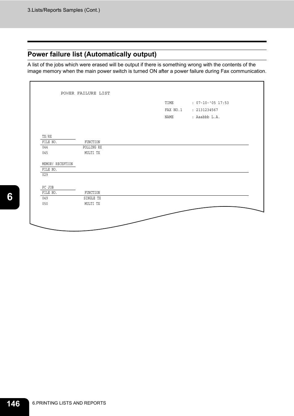 Power failure list (automatically output) | Toshiba GD-1170 User Manual | Page 148 / 182