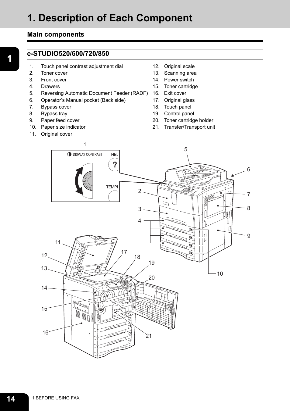 Description of each component, Main components | Toshiba GD-1170 User Manual | Page 16 / 182