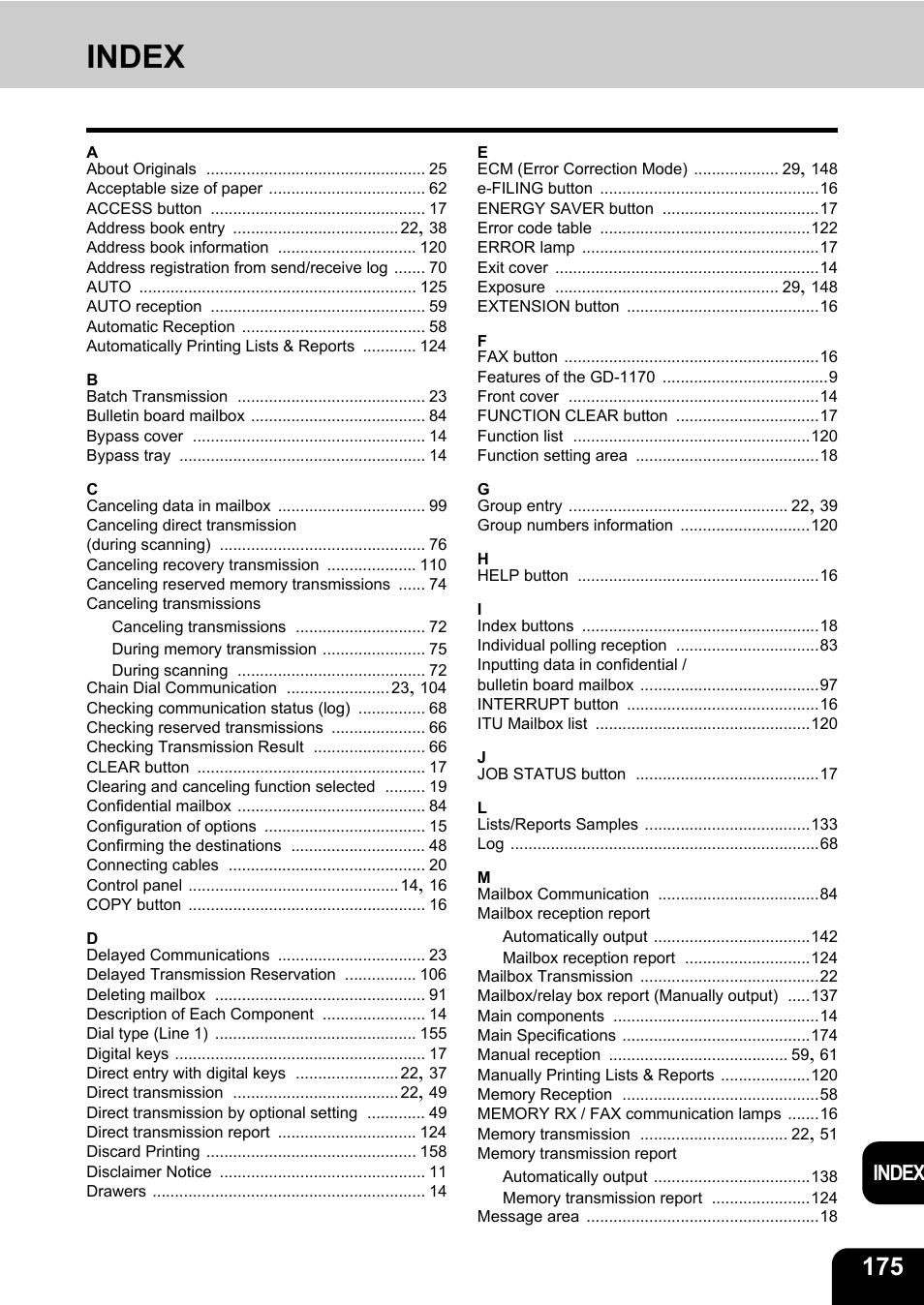 Index | Toshiba GD-1170 User Manual | Page 177 / 182