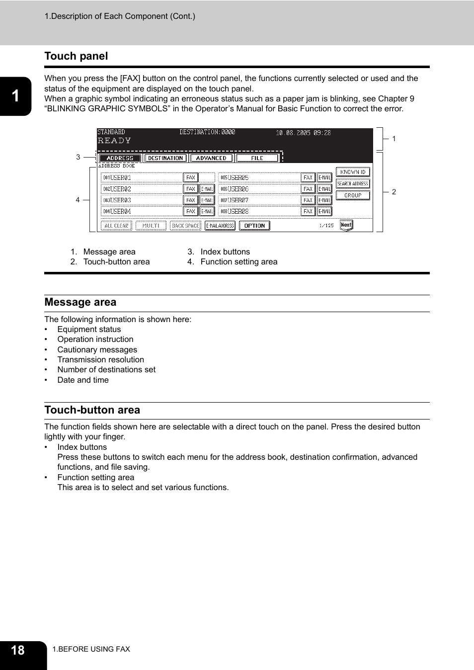 Touch panel, Message area, Touch-button area | Toshiba GD-1170 User Manual | Page 20 / 182