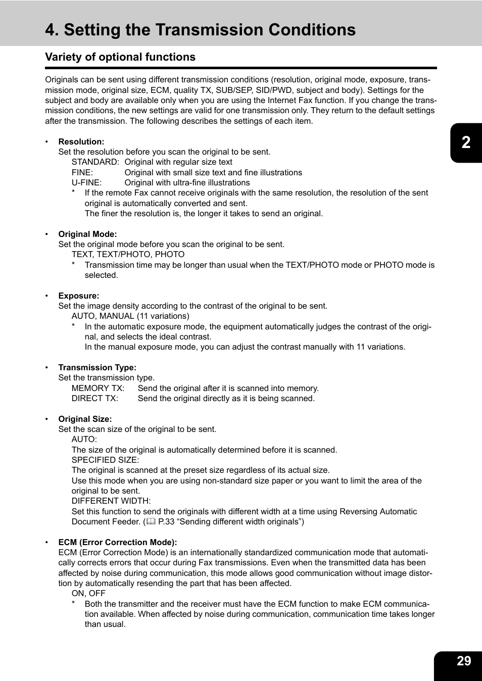 Setting the transmission conditions, Variety of optional functions | Toshiba GD-1170 User Manual | Page 31 / 182