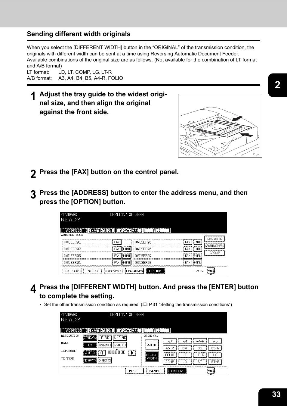 Sending different width originals, P.33 “sending dif, Ferent width originals | Toshiba GD-1170 User Manual | Page 35 / 182