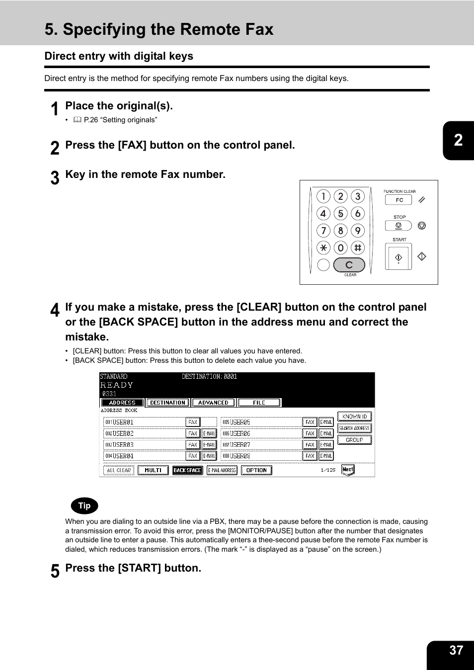 Specifying the remote fax, Direct entry with digital keys, L keys ( p.37 “direct entry with digital keys”) | Toshiba GD-1170 User Manual | Page 39 / 182