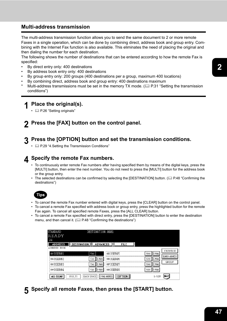 Multi-address transmission, P.47 “multi-address transmission”) | Toshiba GD-1170 User Manual | Page 49 / 182