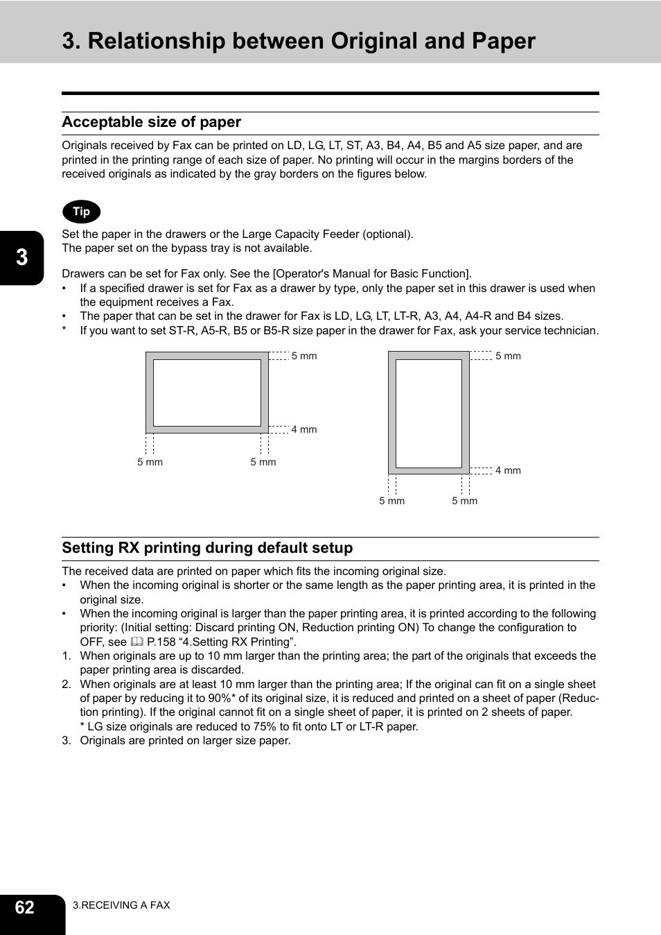 Relationship between original and paper, Acceptable size of paper, Setting rx printing during default setup | Toshiba GD-1170 User Manual | Page 64 / 182