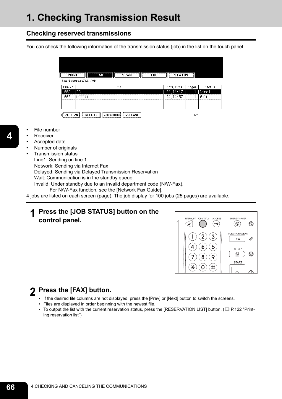 Checking transmission result, Checking reserved transmissions | Toshiba GD-1170 User Manual | Page 68 / 182