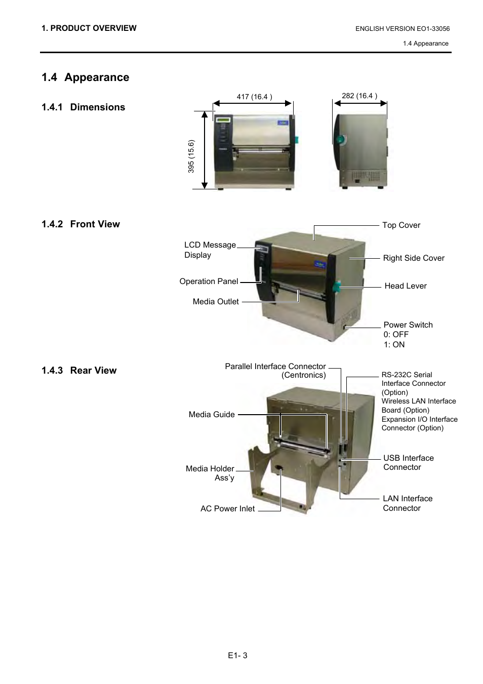 4 appearance, 1 dimensions, 2 front view | 3 rear view | Toshiba B-SX6T Series User Manual | Page 12 / 139