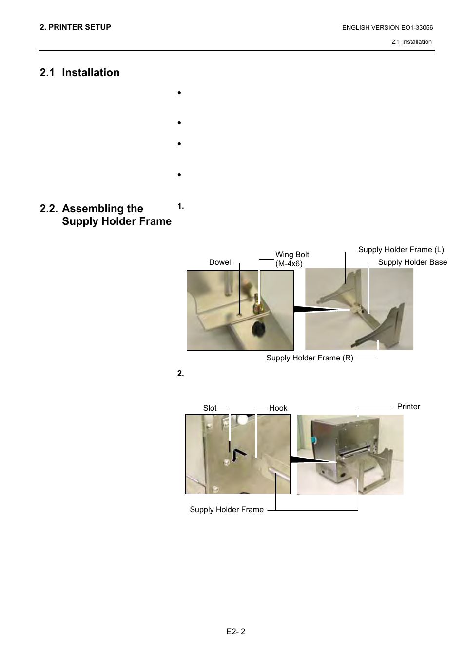 1 installation, 2 assembling the supply holder frame, Assembling the supply holder frame | Toshiba B-SX6T Series User Manual | Page 16 / 139