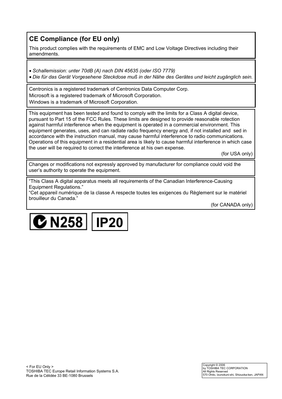 Ip20, Ce compliance (for eu only) | Toshiba B-SX6T Series User Manual | Page 2 / 139