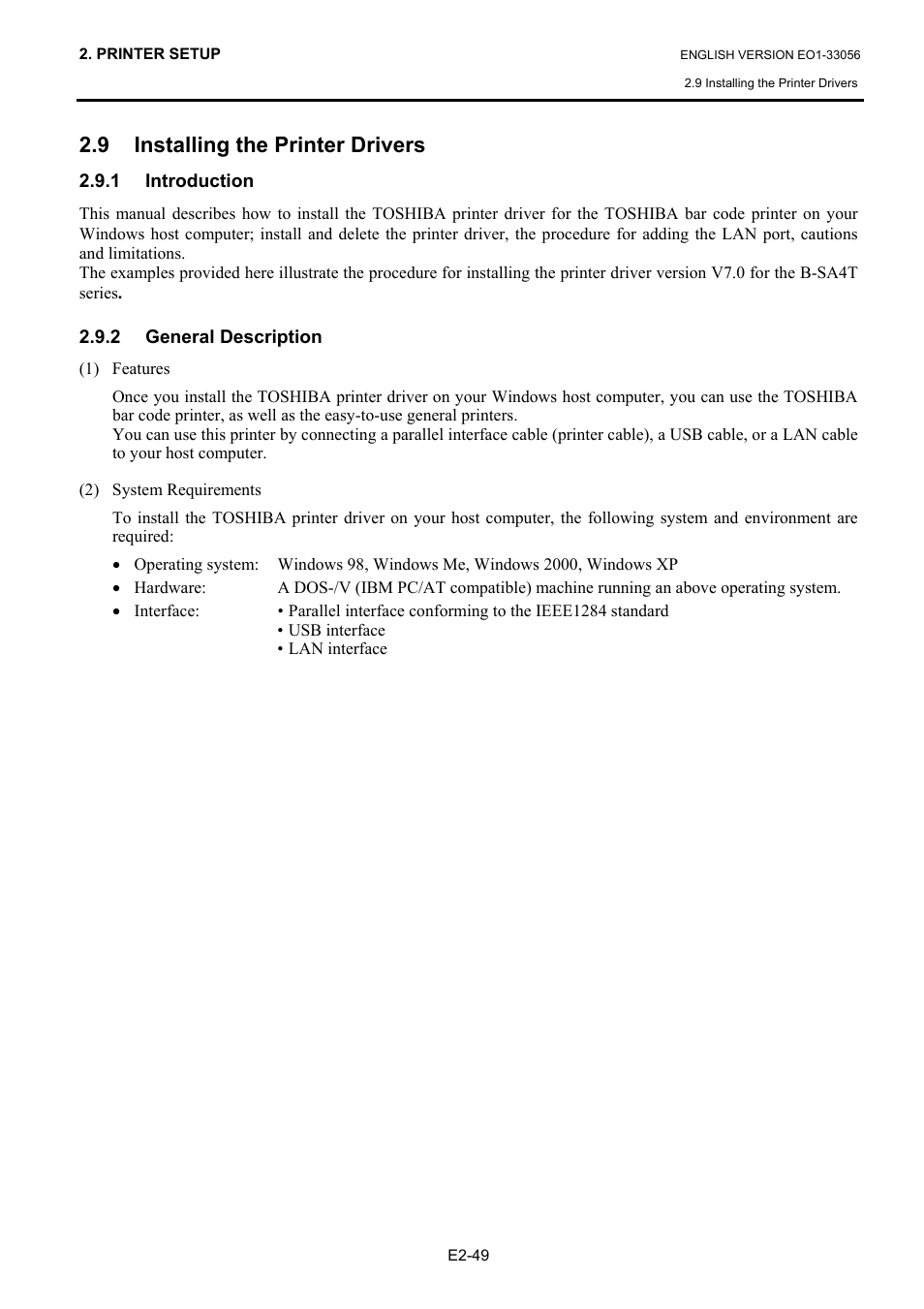 9 installing the printer drivers, 1 introduction, 2 general description | Toshiba B-SX6T Series User Manual | Page 63 / 139