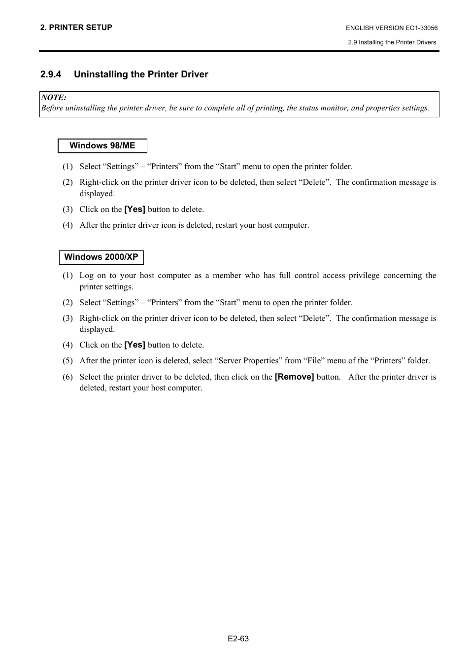 4 uninstalling the printer driver | Toshiba B-SX6T Series User Manual | Page 77 / 139