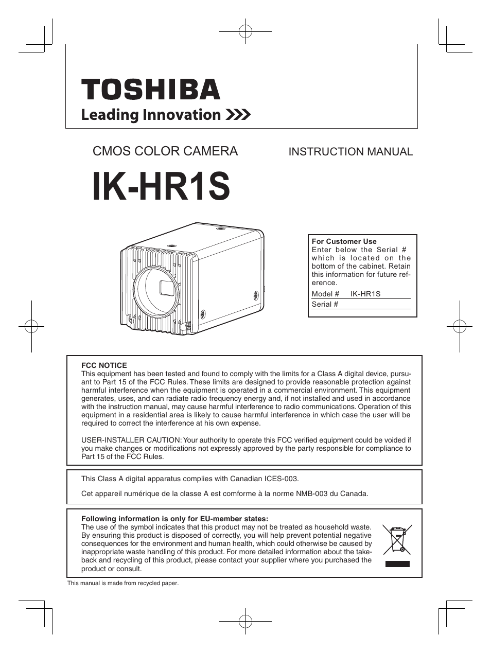 Toshiba IK-HR1S User Manual | 28 pages