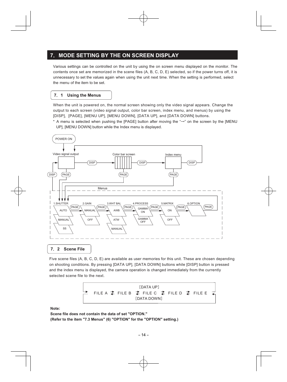 7mode setting by the on screen display, 71 using the menus, 72 scene file | Toshiba IK-HR1S User Manual | Page 14 / 28